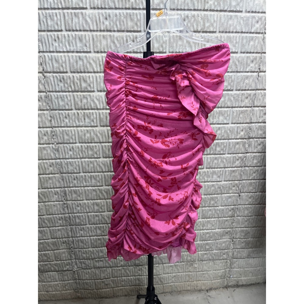 Wild Fable Pink Floral Ruched Strapless Ruffle Mini Dress XS New With Tags